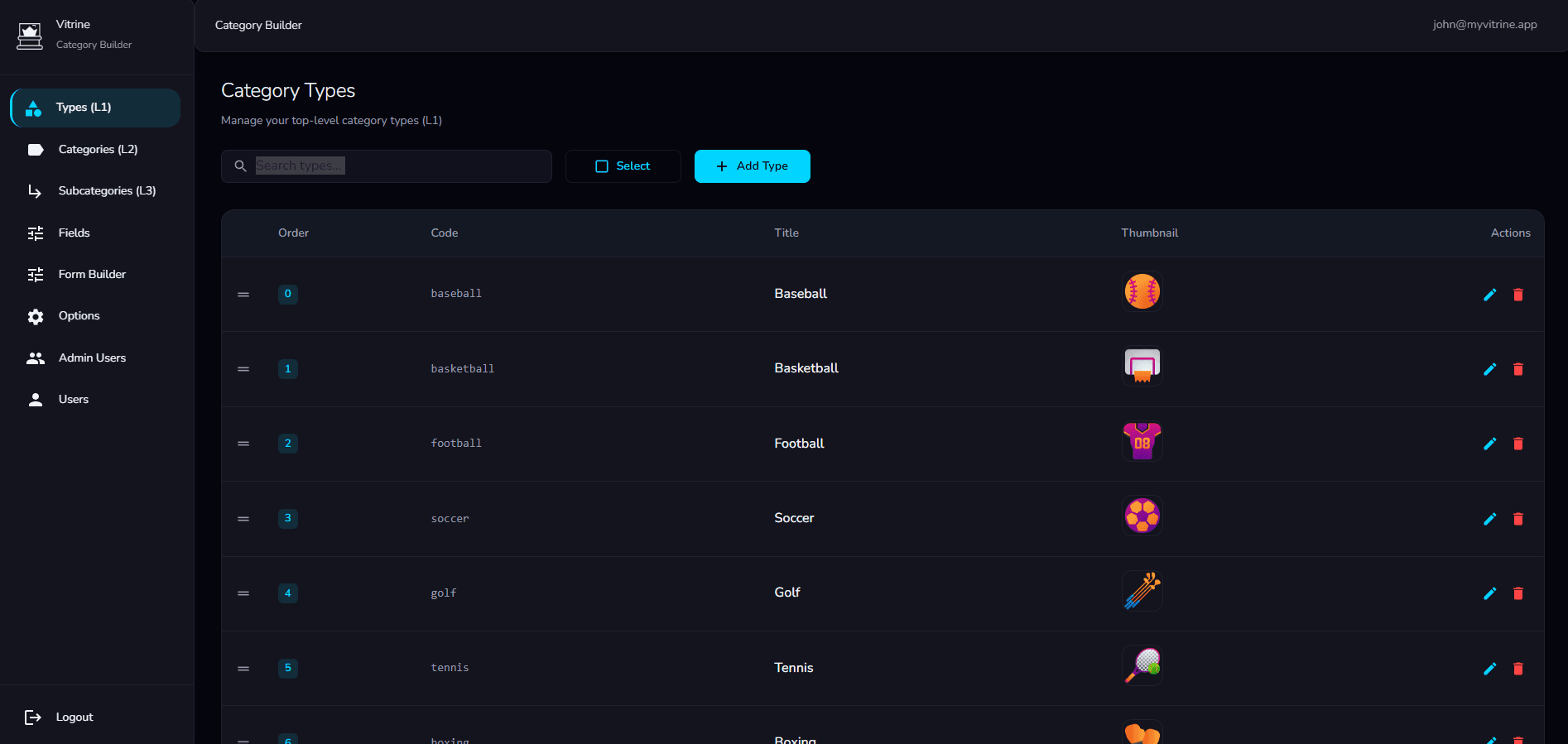Type management: drag to reorder, visual thumbnails, inline edit/delete