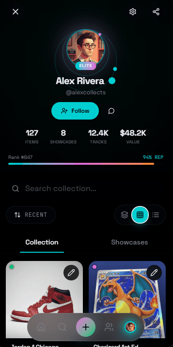 Profiles surface reputation signals: item count, value, rank, rep score