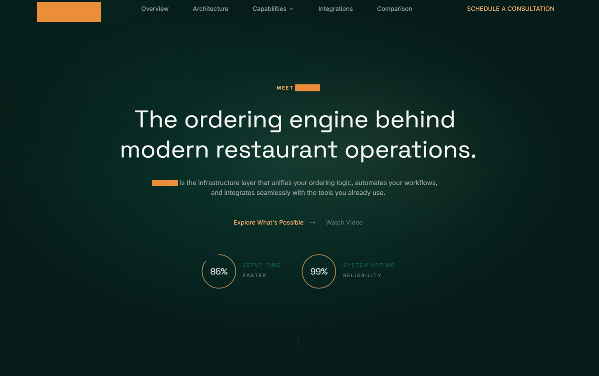 Hero establishes infrastructure positioning immediately — this is an engine, not an app.